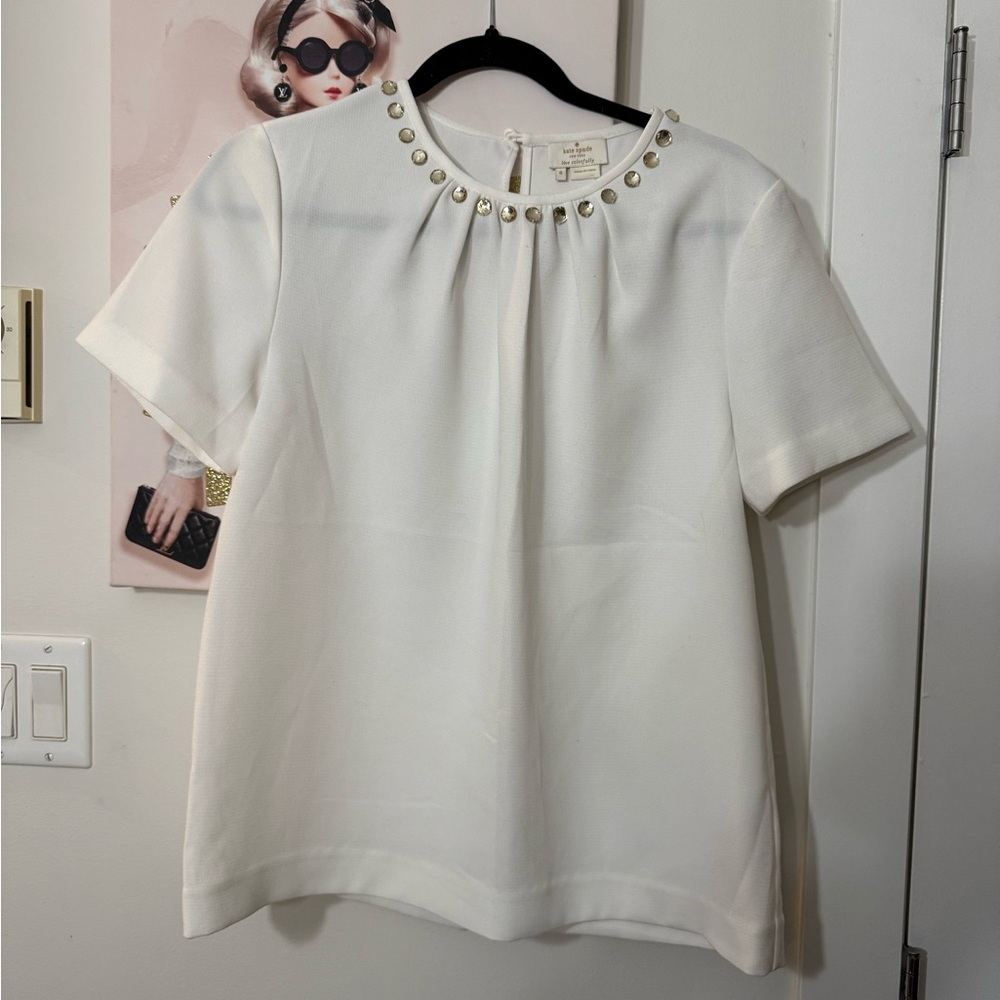 Kate Spade Ivory Short-Sleeve Pearl-Trim Blouse